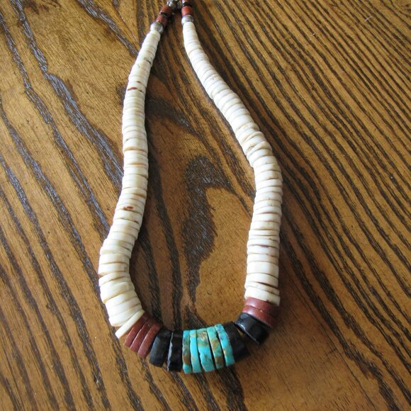 Vintage Silver Shell Turquoise Coral Onyx Choker Santo Domingo Pueblo